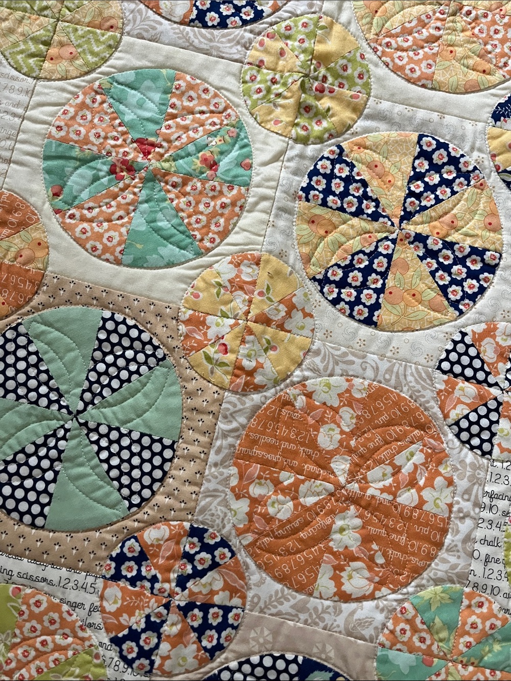 Handmade Pinwheel Quilt in Peach, Mint, Navy & Cream - Picture 3 of 3